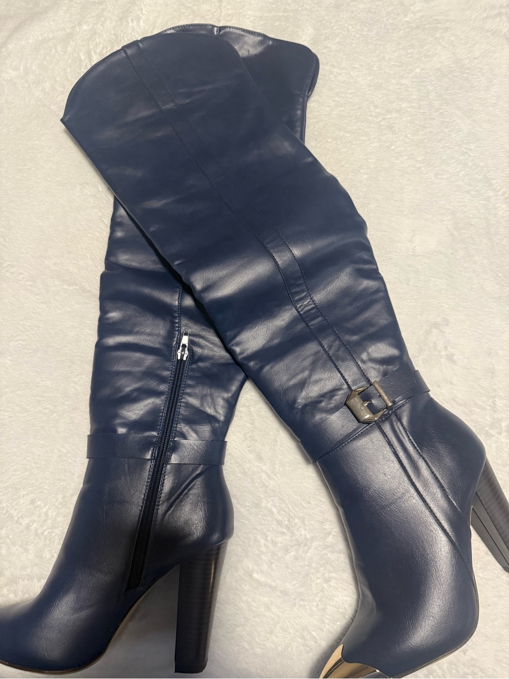 Women's Navy Knee-High Leather Boots - Sleek High Heel with Gold plated toe
